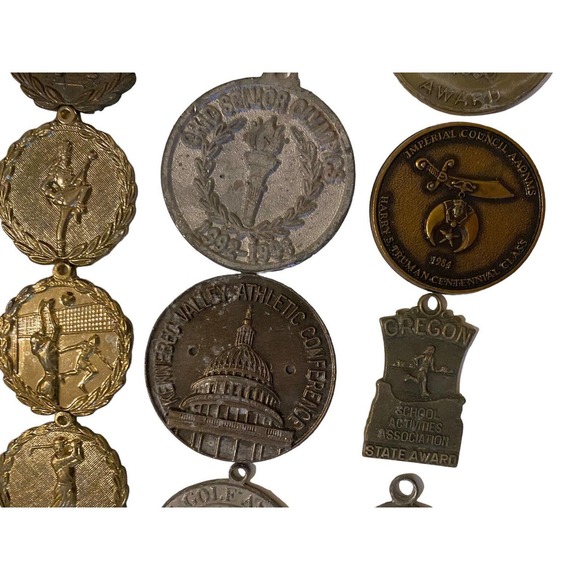 HUGE Vtg Lot Sports 100+ Medals Awards All Metal Sports Track Volleyball Archery - Picture 8 of 16